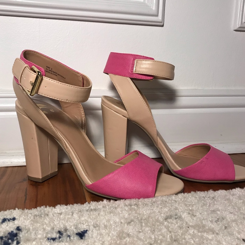 Pink and Nude Ankle Strap Chunky Heels